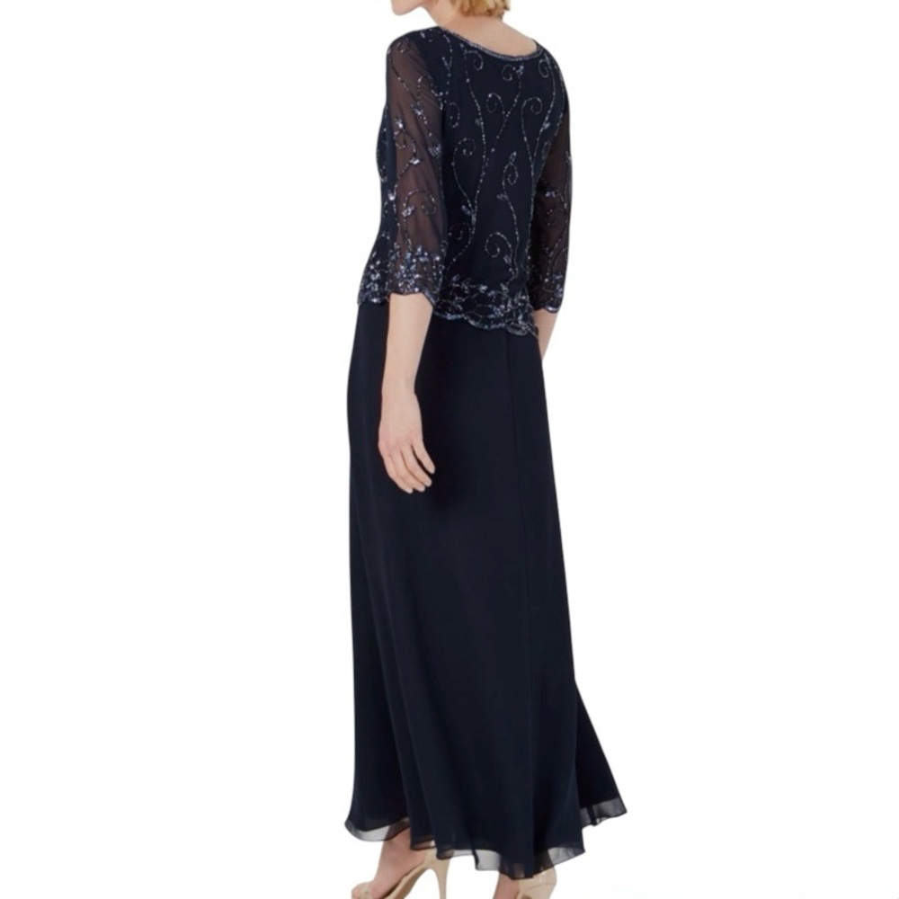 J Kara Navy Beaded Overlay Evening Dress Size 10 Petite - Picture 4 of 7